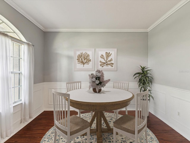 10318 Piper Dr, New Port Richey, FL 34654 - dining room featuring ornamental molding, a wainscoted wall, and dark wood-style flooring