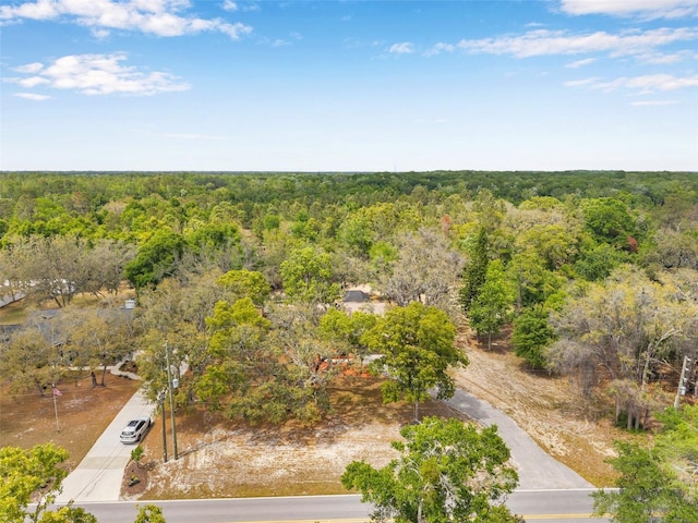 bird's eye view with a wooded view