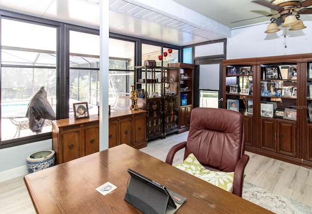 office space featuring light wood-style floors, ceiling fan, and baseboards