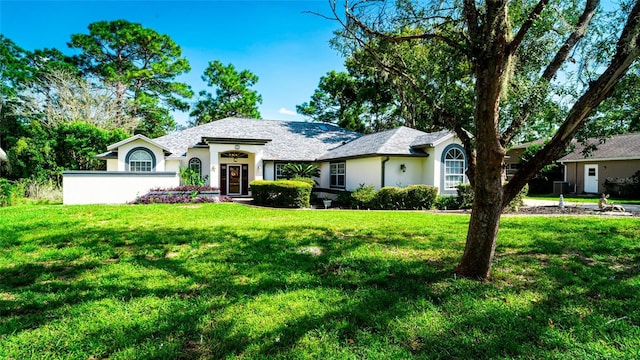 single story home with a front lawn and stucco siding