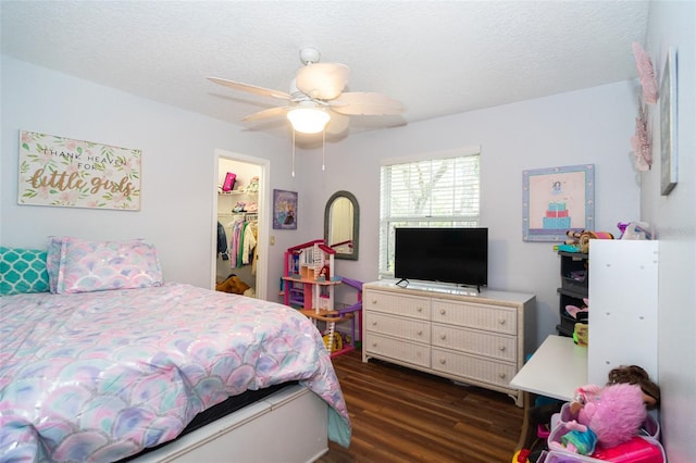 bedroom featuring a ceiling fan, a closet, dark wood-style floors, and a walk in closet