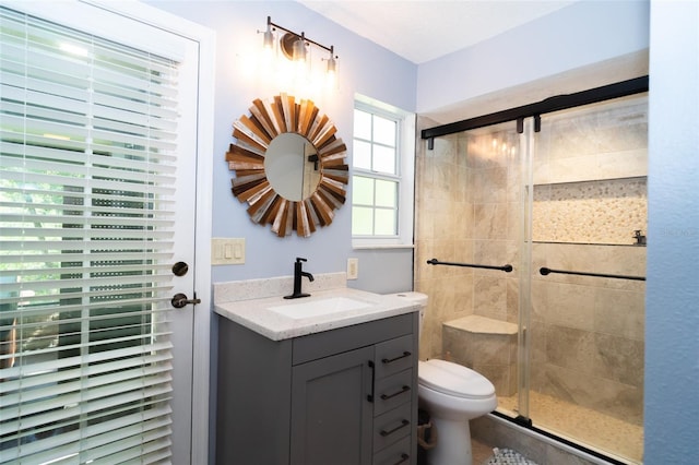 full bathroom featuring toilet, vanity, and a stall shower