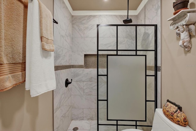 full bath featuring walk in shower, ornamental molding, and toilet