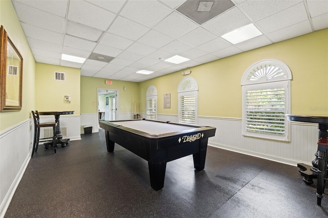 4335 Canongate Ct, Spring Hill, FL 34609 - rec room featuring a drop ceiling, wainscoting, pool table, and rubber floors