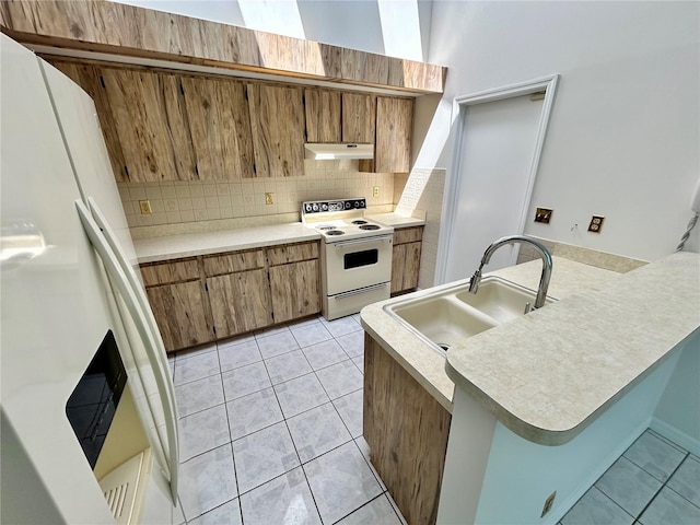 7444 Candlelight Ct, New Port Richey, FL 34652 - kitchen with white electric stove, under cabinet range hood, light tile patterned flooring, and tasteful backsplash