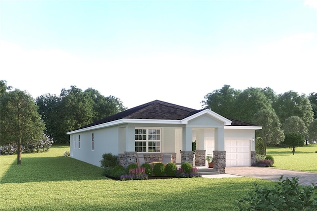 3828 Isle Royal Pl, Apopka, FL 32712 - view of front of house with stucco siding, stone siding, decorative driveway, a front yard, and a garage