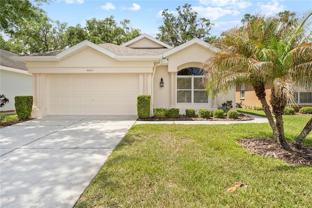4407 Caliquen Dr, Brooksville, FL 34604 - ranch-style house with a shingled roof, a garage, stucco siding, a front lawn, and driveway