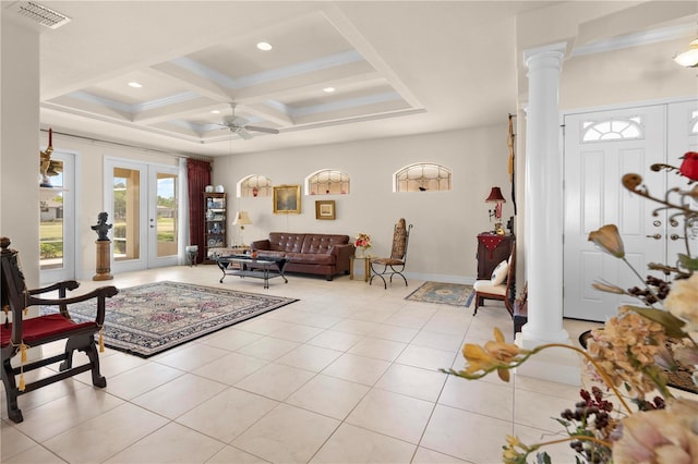 4407 Caliquen Dr, Brooksville, FL 34604 - living room featuring visible vents, ornate columns, coffered ceiling, and ceiling fan