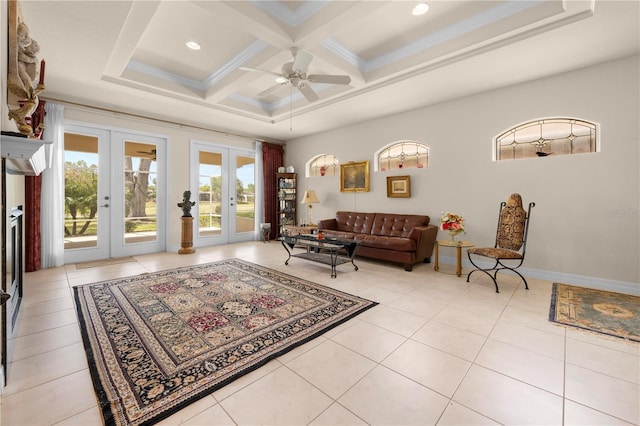 4407 Caliquen Dr, Brooksville, FL 34604 - living room featuring french doors, ceiling fan, beamed ceiling, and tile patterned floors