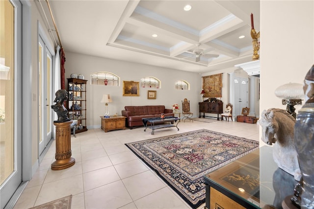 4407 Caliquen Dr, Brooksville, FL 34604 - living room featuring beam ceiling, a ceiling fan, coffered ceiling, and light tile patterned flooring