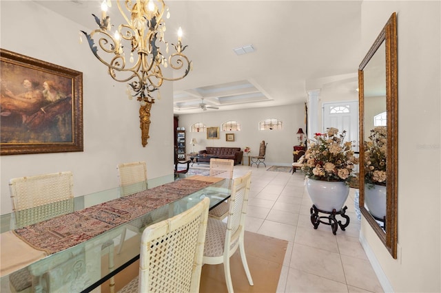 4407 Caliquen Dr, Brooksville, FL 34604 - dining area featuring baseboards, light tile patterned floors, visible vents, coffered ceiling, and ceiling fan with notable chandelier