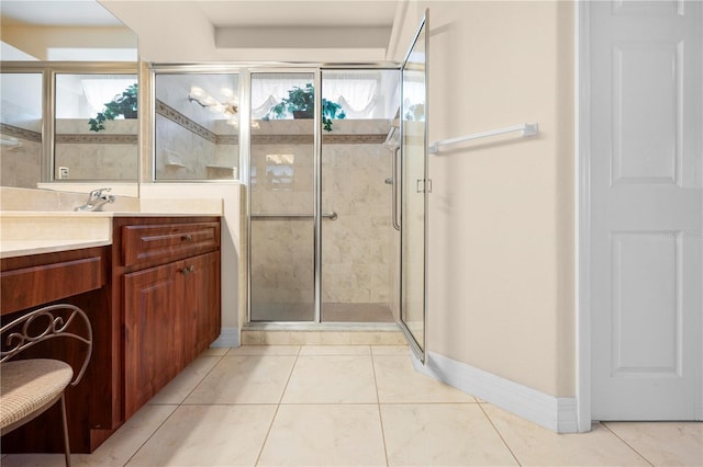 4407 Caliquen Dr, Brooksville, FL 34604 - full bathroom with vanity, baseboards, a stall shower, and a healthy amount of sunlight