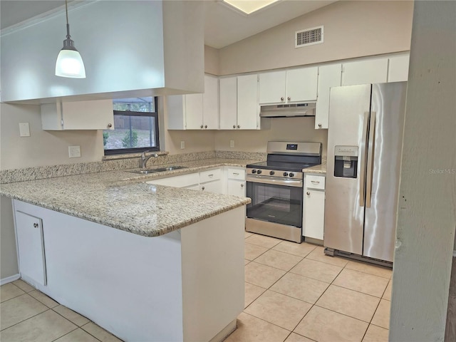 18232 Monteverde Dr, Spring Hill, FL 34610 - kitchen with a peninsula, light tile patterned floors, under cabinet range hood, appliances with stainless steel finishes, and a sink