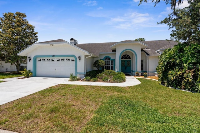 ranch-style house with a front lawn, stucco siding, a chimney, concrete driveway, and an attached garage