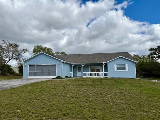 ranch-style house with a front lawn, stucco siding, concrete driveway, a porch, and a garage