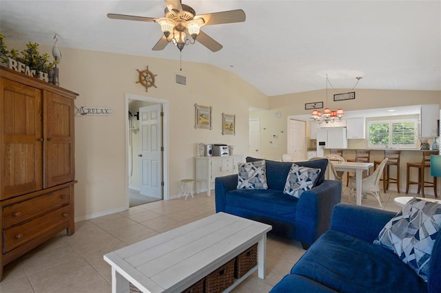 11274 W Cove Harbor Dr Unit 11274, Crystal River, FL 34428 - living area featuring lofted ceiling, light tile patterned floors, a chandelier, and ceiling fan