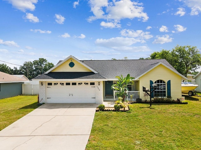 ranch-style house featuring a garage, driveway, fence, a front yard, and brick siding