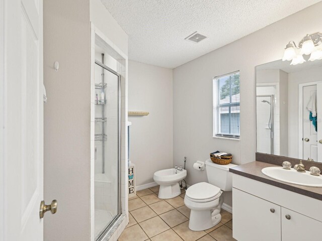 full bath with a shower stall, visible vents, toilet, and vanity