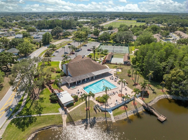 drone / aerial view with a water view