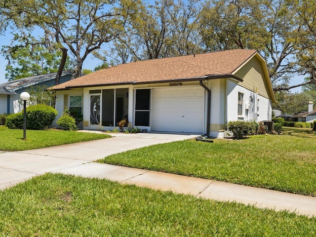 11536 Golden Rain Dr, New Port Richey, FL 34654 - ranch-style home with a garage, driveway, a front yard, and stucco siding