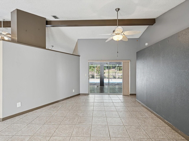 5411 Joyner Ave, Spring Hill, FL 34608 - empty room featuring visible vents, a ceiling fan, light tile patterned floors, beam ceiling, and high vaulted ceiling