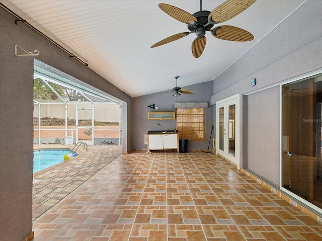 5411 Joyner Ave, Spring Hill, FL 34608 - view of patio / terrace featuring a lanai, an outdoor pool, ceiling fan, and french doors
