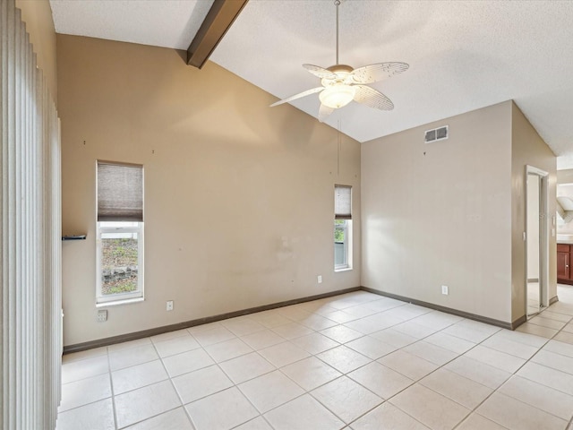 5411 Joyner Ave, Spring Hill, FL 34608 - unfurnished room featuring visible vents, light tile patterned floors, beamed ceiling, a textured ceiling, and ceiling fan