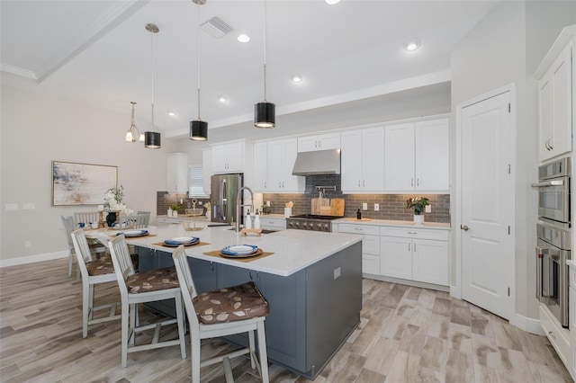 5070 Night Star Trl, Odessa, FL 33556 - kitchen with under cabinet range hood, stainless steel appliances, a sink, decorative backsplash, and light wood-type flooring