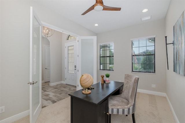 5070 Night Star Trl, Odessa, FL 33556 - office area with ceiling fan, baseboards, recessed lighting, a chandelier, and light carpet