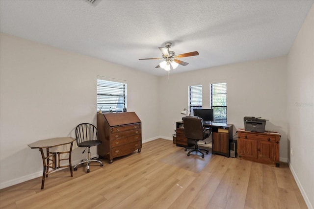 4504 Dewey Dr, New Port Richey, FL 34652 - home office with light wood-style floors, a ceiling fan, and a textured ceiling