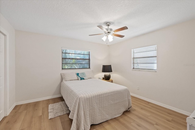 4504 Dewey Dr, New Port Richey, FL 34652 - bedroom with light wood-type flooring, multiple windows, ceiling fan, and a textured ceiling