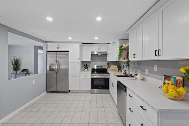 4607 Kennedy Dr, New Port Richey, FL 34652 - kitchen featuring open shelves, recessed lighting, stainless steel appliances, and a sink