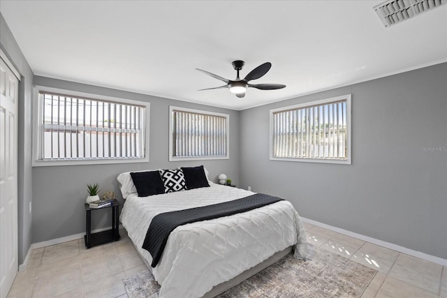 4607 Kennedy Dr, New Port Richey, FL 34652 - bedroom with a ceiling fan, a closet, baseboards, tile patterned flooring, and visible vents