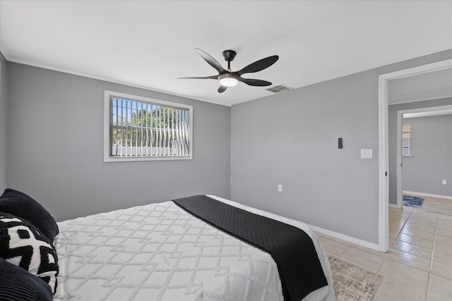 4607 Kennedy Dr, New Port Richey, FL 34652 - bedroom featuring light tile patterned flooring, visible vents, a ceiling fan, and baseboards