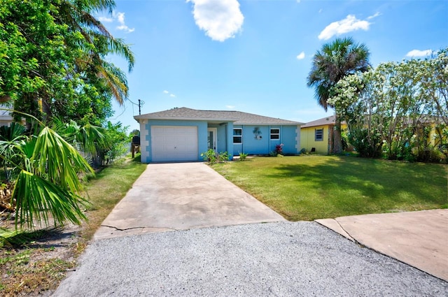 6432 Boatyard Dr, Hudson, FL 34667 - ranch-style house with driveway, an attached garage, stucco siding, and a front lawn