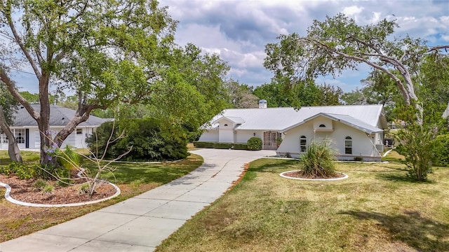 ranch-style house with a front lawn and stucco siding