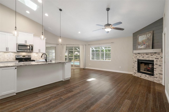 6095 W Douneray Loop, Crystal River, FL 34429 - kitchen with dark wood finished floors, stainless steel appliances, a fireplace, tasteful backsplash, and open floor plan
