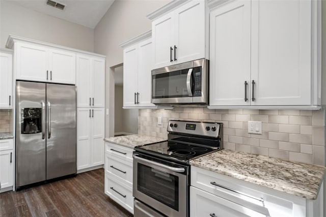 6095 W Douneray Loop, Crystal River, FL 34429 - kitchen with stainless steel appliances, dark wood-style floors, visible vents, white cabinetry, and decorative backsplash
