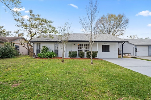 ranch-style house with a front lawn, driveway, a porch, and an attached carport