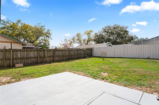 view of yard with a fenced backyard and a patio