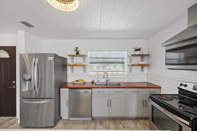 5106 Blue Heron Dr, New Port Richey, FL 34652 - kitchen with wooden counters, open shelves, appliances with stainless steel finishes, and a sink