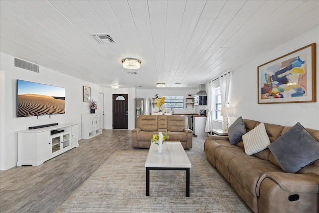 5106 Blue Heron Dr, New Port Richey, FL 34652 - living room with wood finished floors, visible vents, and wooden ceiling