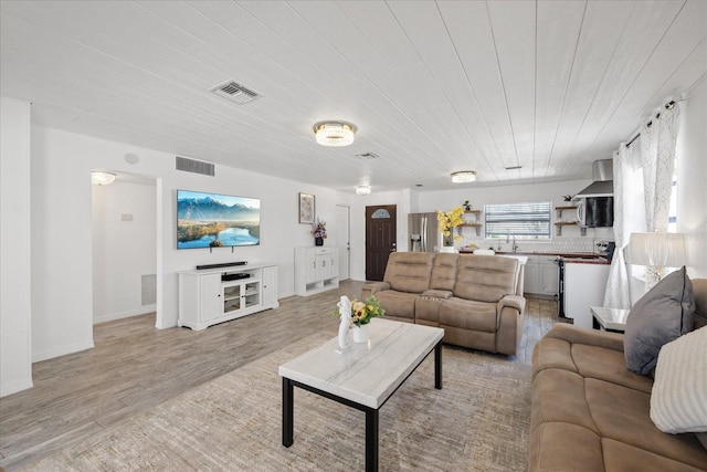 5106 Blue Heron Dr, New Port Richey, FL 34652 - living area featuring visible vents, light wood-type flooring, and wood ceiling