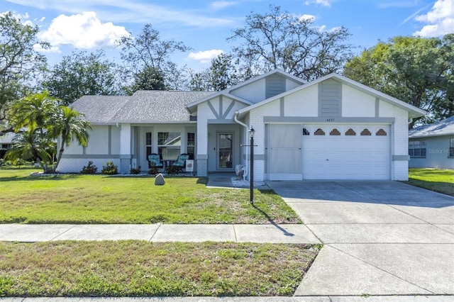 4837 Prince George Cir, New Port Richey, FL 34655 - ranch-style home with brick siding, concrete driveway, a front yard, and a garage