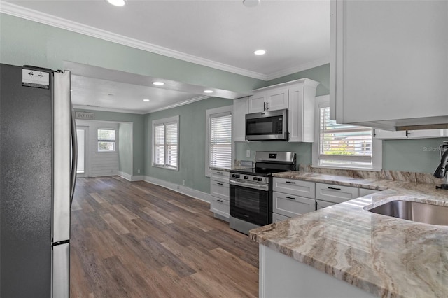 kitchen featuring crown molding, wood finished floors, stainless steel appliances, and a sink