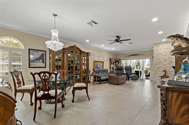 dining room featuring ceiling fan, recessed lighting, crown molding, and light tile patterned flooring