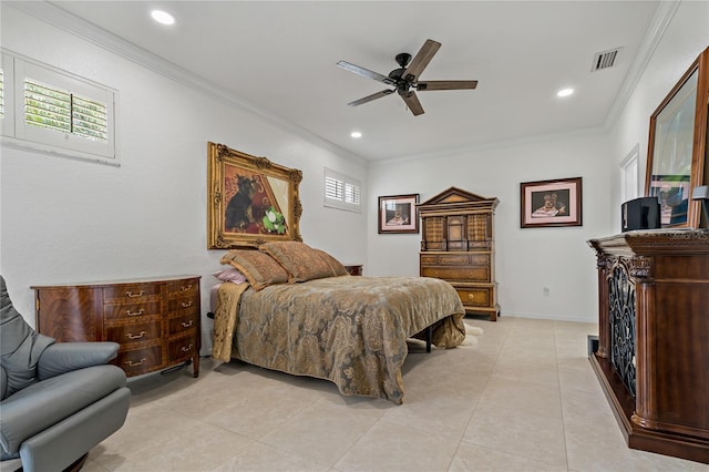 bedroom with crown molding, light tile patterned flooring, recessed lighting, a ceiling fan, and baseboards