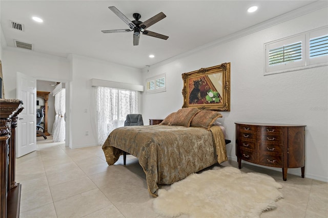 bedroom featuring crown molding, light tile patterned flooring, recessed lighting, and ceiling fan