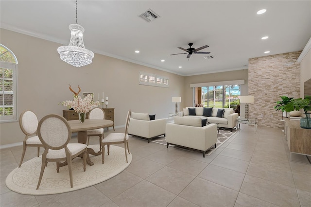 1260 Dartford Dr, Tarpon Springs, FL 34688 - living room featuring recessed lighting, ornamental molding, a ceiling fan, a chandelier, and light tile patterned floors