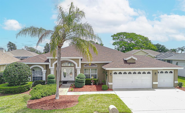 mediterranean / spanish house with a garage, a shingled roof, concrete driveway, and stucco siding